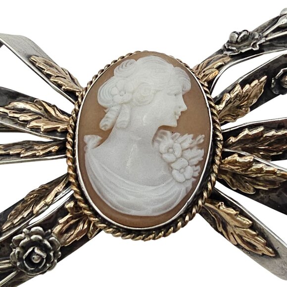 Vintage Hobe? Carved Shell Cameo Ribbon Brooch Sterling Silver 14K GF Tested - Picture 2 of 16